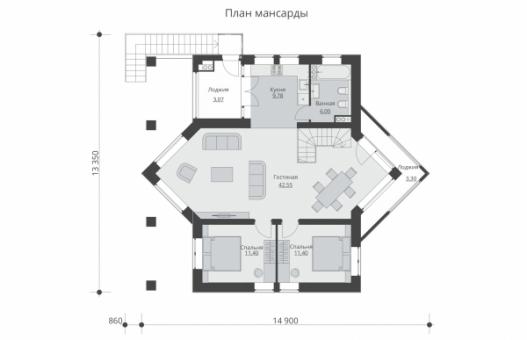 Одноэтажный жилой дом с мансардой и террасой